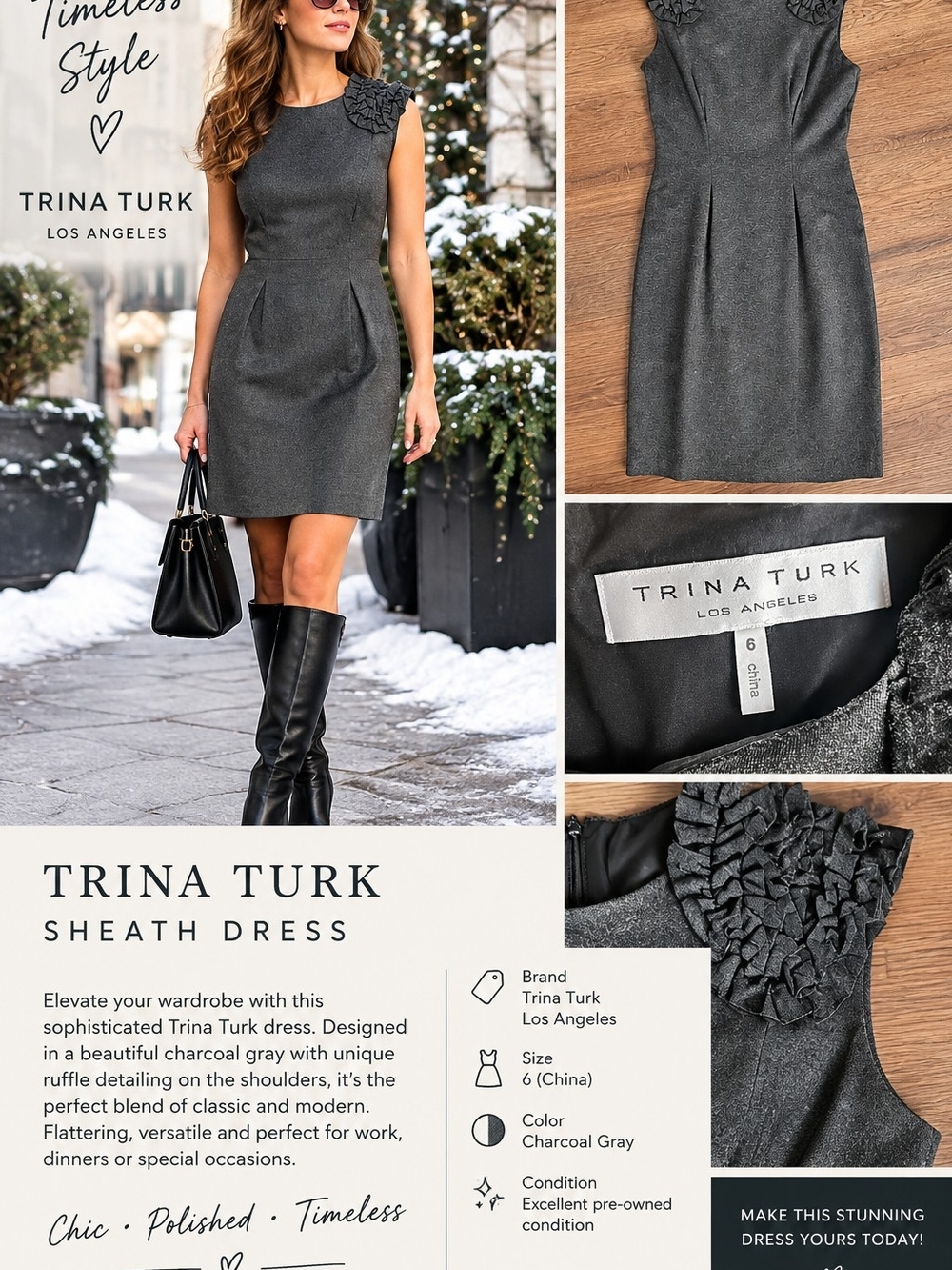 ✨ Trina Turk Charcoal Gray Sheath Dress – Size 6 ✨